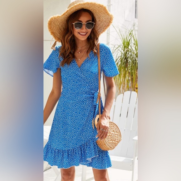 Naggoo Dresses & Skirts - Women's Summer Wrap Polka Dot Print Ruffle Short Sleeve Mini  Dress